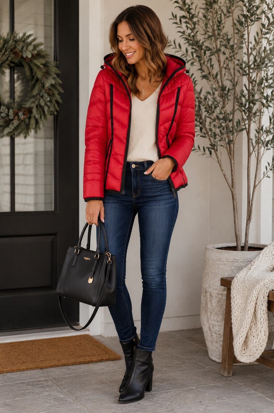 GUESS Women’s Red Puffer Jacket Size Large Hooded Quilted Winter Coat